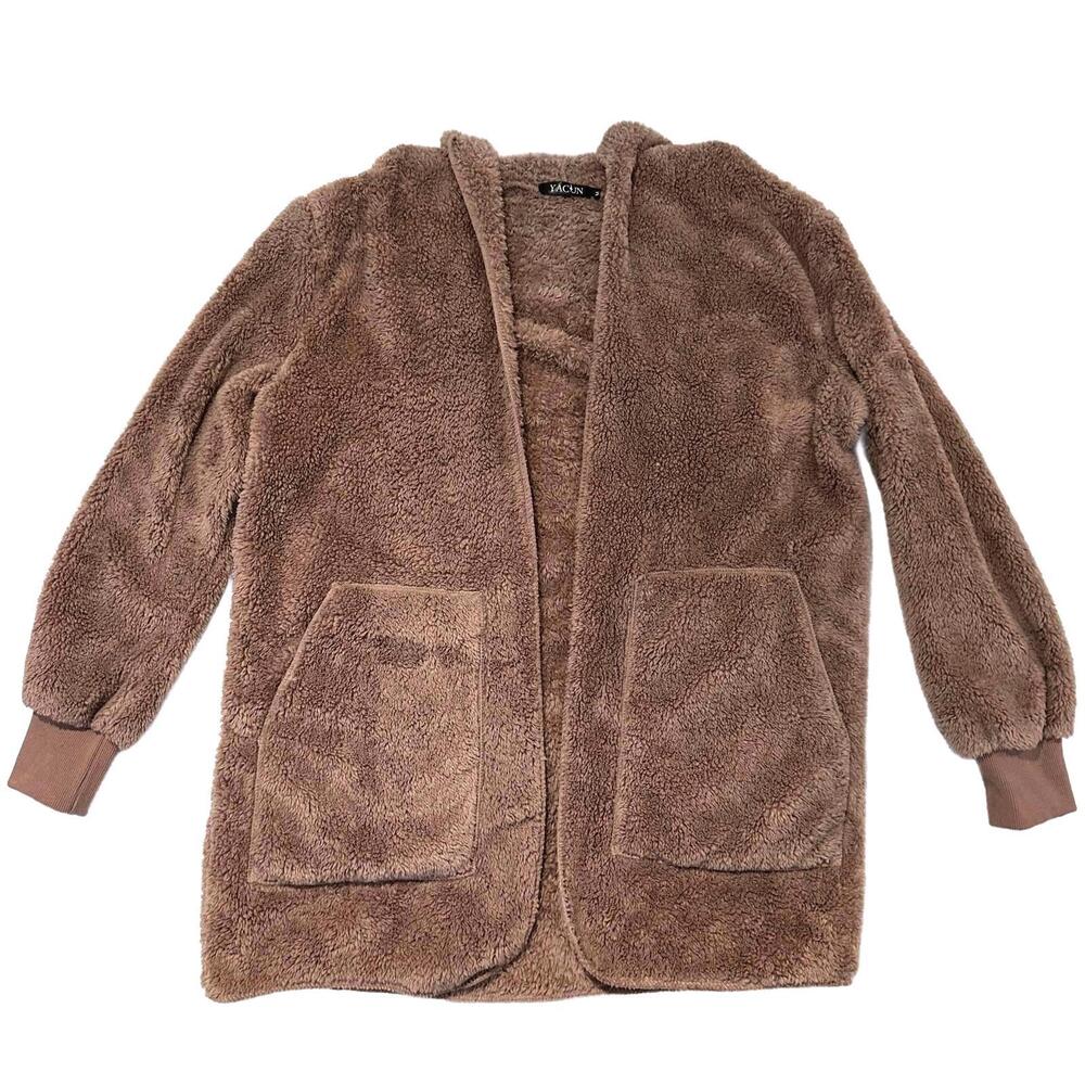 YACUN Women's Dusty Rose Teddy Fleeced Hoodie Open Jacket - Medium
